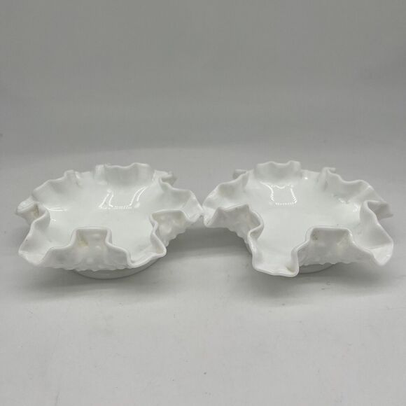 Vintage Fenton Glass USA Hobnail Ruffled Milk Glass Dishes Candle Holders - Picture 1 of 5
